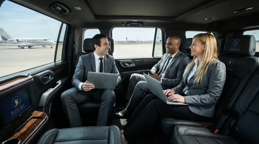 Business people seated in a black limousine, talking with laptops on their laps.
