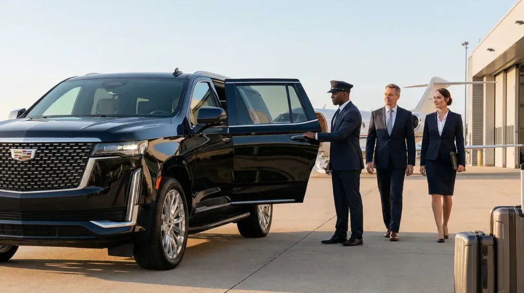 Black SUV with open door and uniformed personnel standing beside it on a runway at sunset