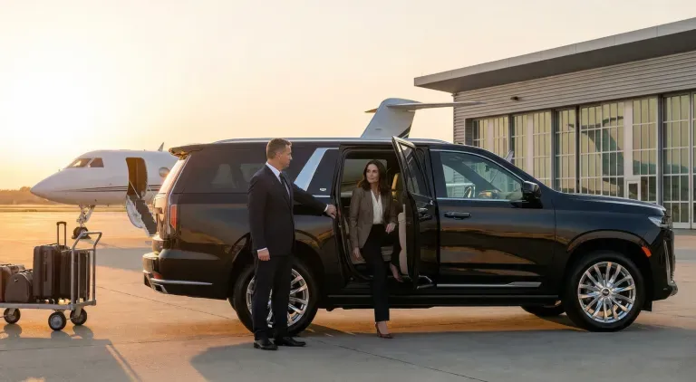Luxury SUV at a private jet hangar, with two people standing beside an open rear door at sunset.