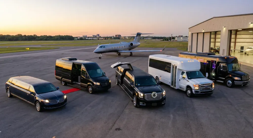 Black limousine, vans, and a jet on an airport tarmac at sunset