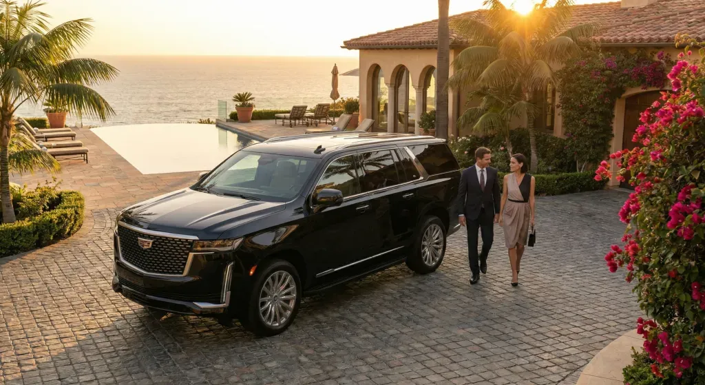Black SUV with two people arriving on a cobblestone driveway at a seaside villa at sunset