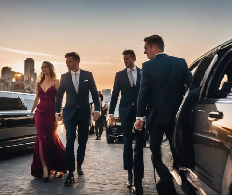 Well-dressed people arriving by luxury car at sunset on a waterfront promenade