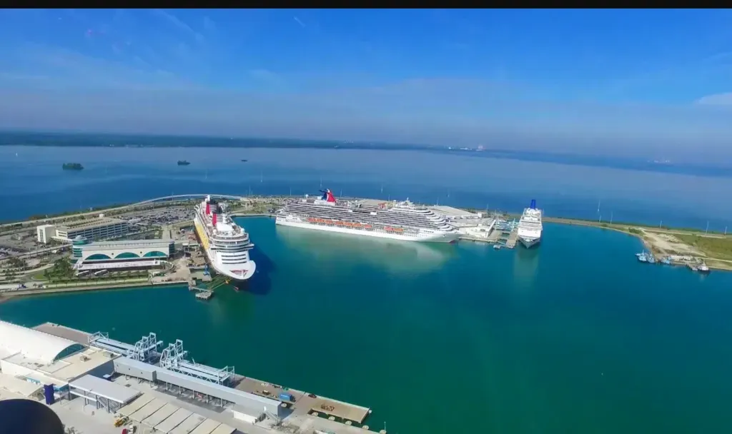 Aerial view of a large cruise ship docked in a blue harbor beside a breakwater and port buildings