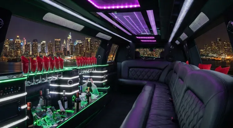 Luxury limousine interior with purple neon lights and city skyline view through the windows