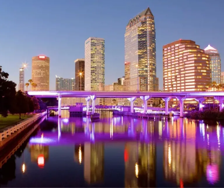 City skyline at dusk with a purple-lit bridge reflected in a calm river