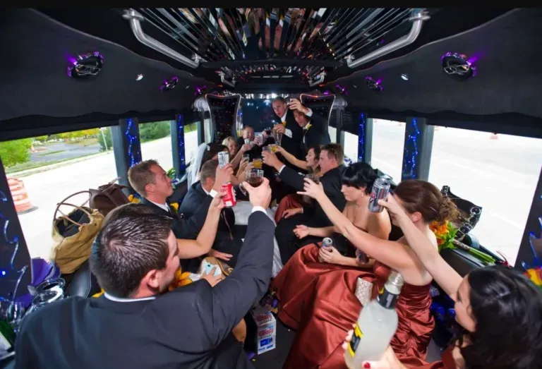 People cheering and toasting inside a decorated party limousine.