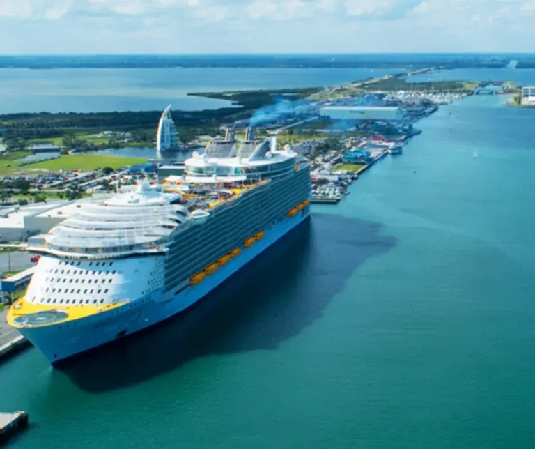 Large blue-and-white cruise ship sailing beside a tropical island and turquoise water