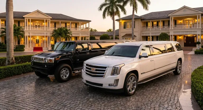 Two luxury SUVs parked in front of a large mansion at dusk, including a white Cadillac Escalade and black Jeep Wrangler