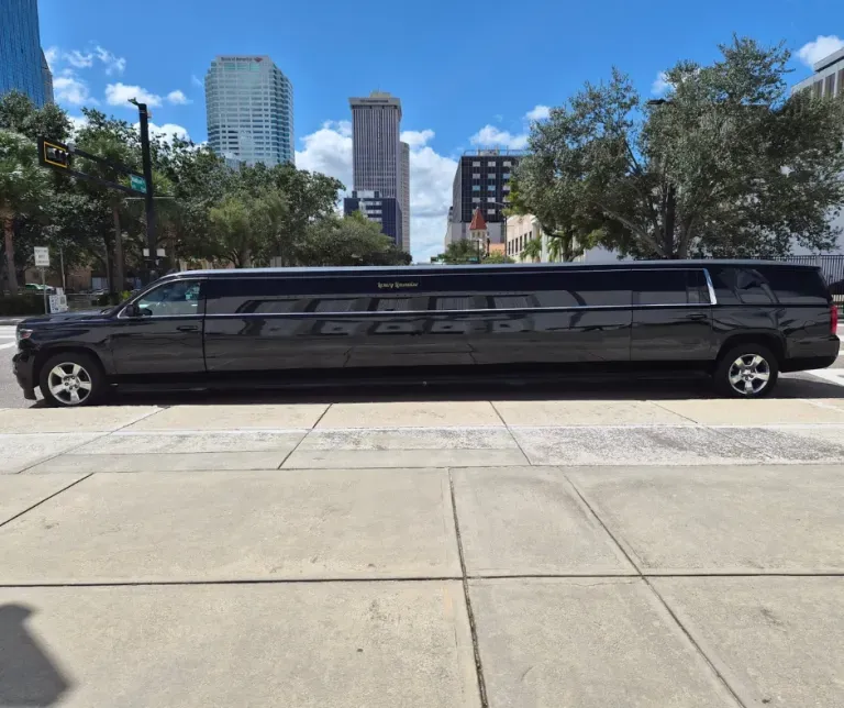 Black stretch limousine parked on a city street with buildings and trees in the background