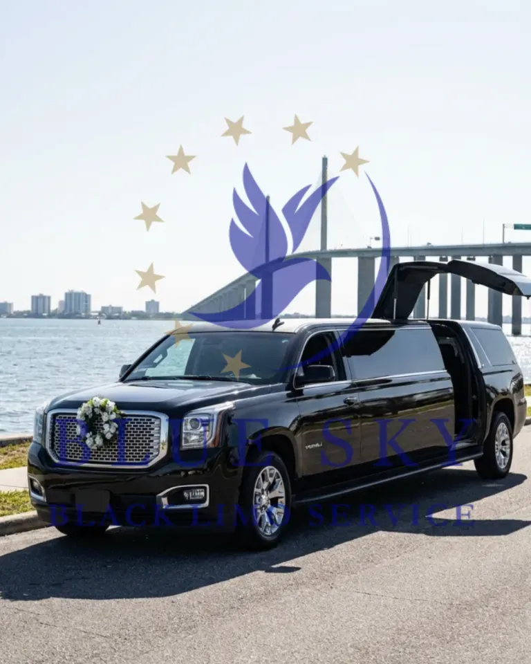 Black luxury SUV parked by a waterfront bridge with city skyline in the background.