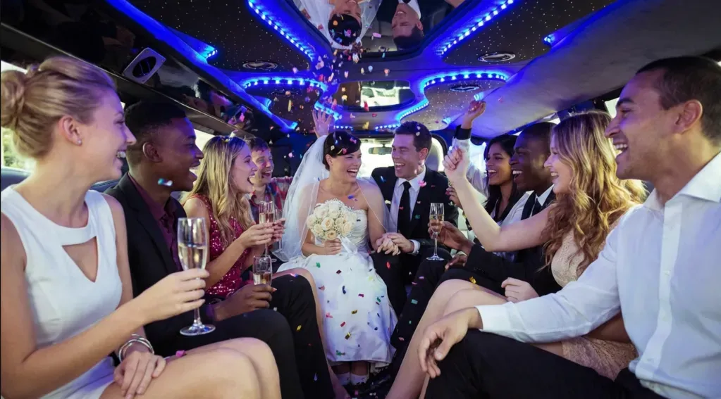 Wedding party inside a decorated limousine, guests raising glasses and smiling around the bride.