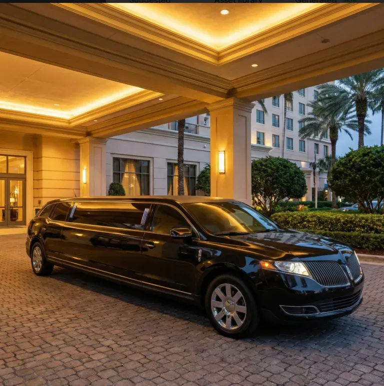 Black stretch limousine parked under a hotel entrance canopy at night