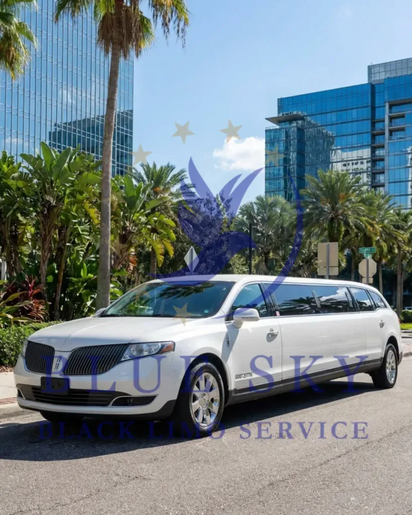 White stretch limousine on a palm-lined city street with tall glass buildings in the background