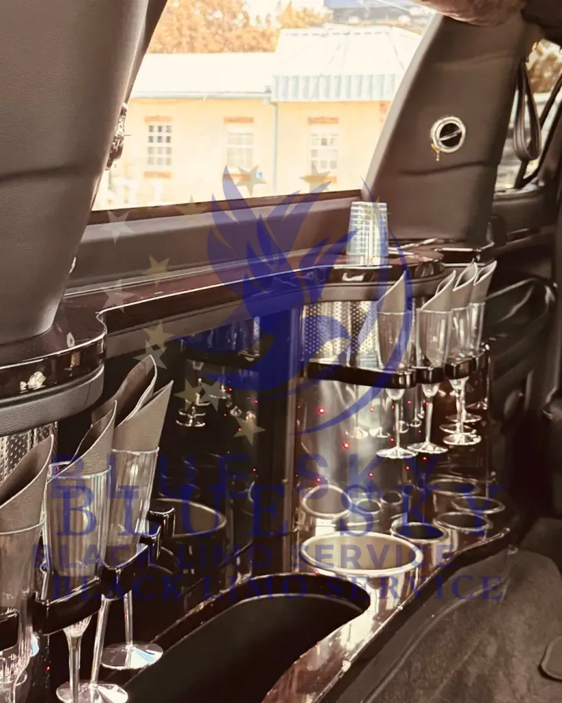 Two black leather seats with a glossy table holding clear glasses in a luxury vehicle interior.
