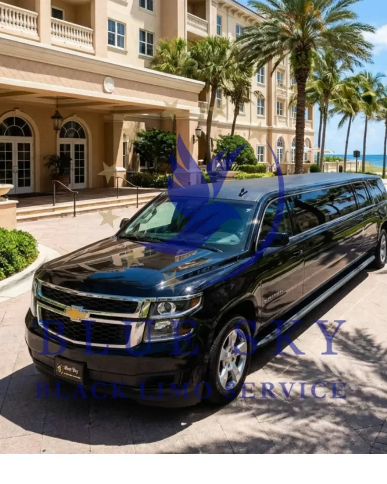 Black stretch limousine parked outside a palm-lined hotel entrance by the ocean