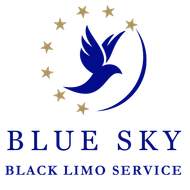 Blue Sky Black Limo Service logo with blue bird, gold stars, and crescent swoosh