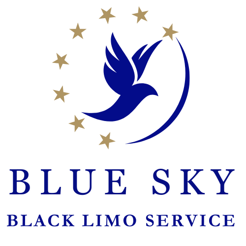 Blue Sky Black Limo Service logo with blue bird, gold stars, and crescent swoosh