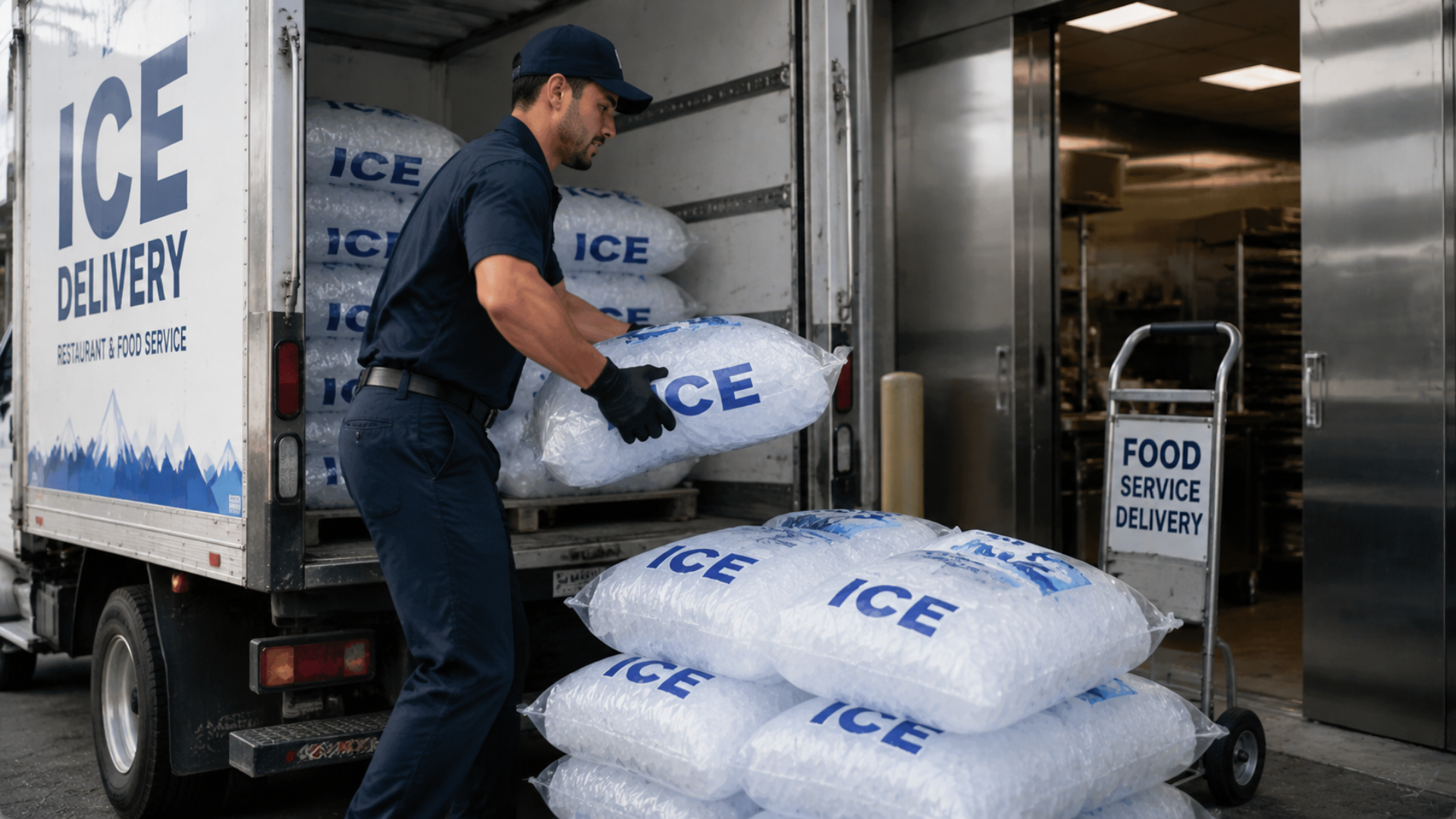 commercial ice supplier delivering ice to a restaurant