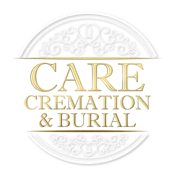 White circular logo with gold text reading “CARE Cremation & Burial”