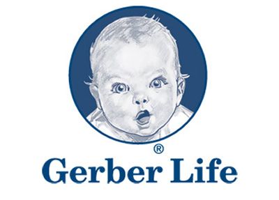 A logo for gerber life shows a baby in a blue circle