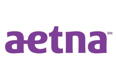 The aetna logo is purple and white on a white background.