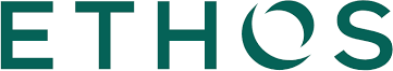 The word ethos is written in green on a white background.