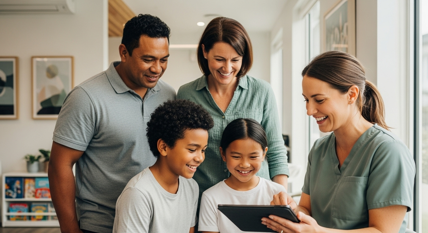 Family gathered around a tablet in a bright home, smiling and looking at the screen.