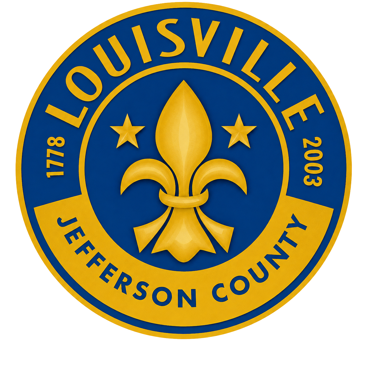 Louisville, Kentucky city seal in blue and gold with fleur-de-lis and stars