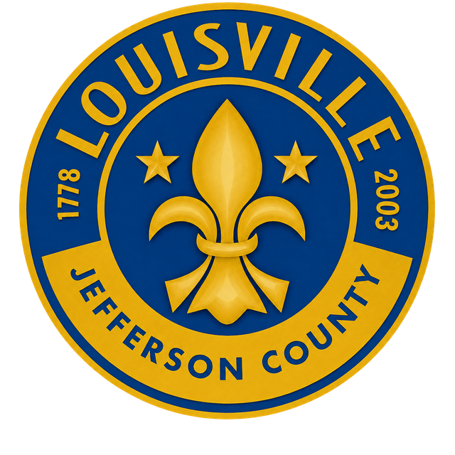 Louisville, Kentucky city seal in blue and gold with fleur-de-lis and stars
