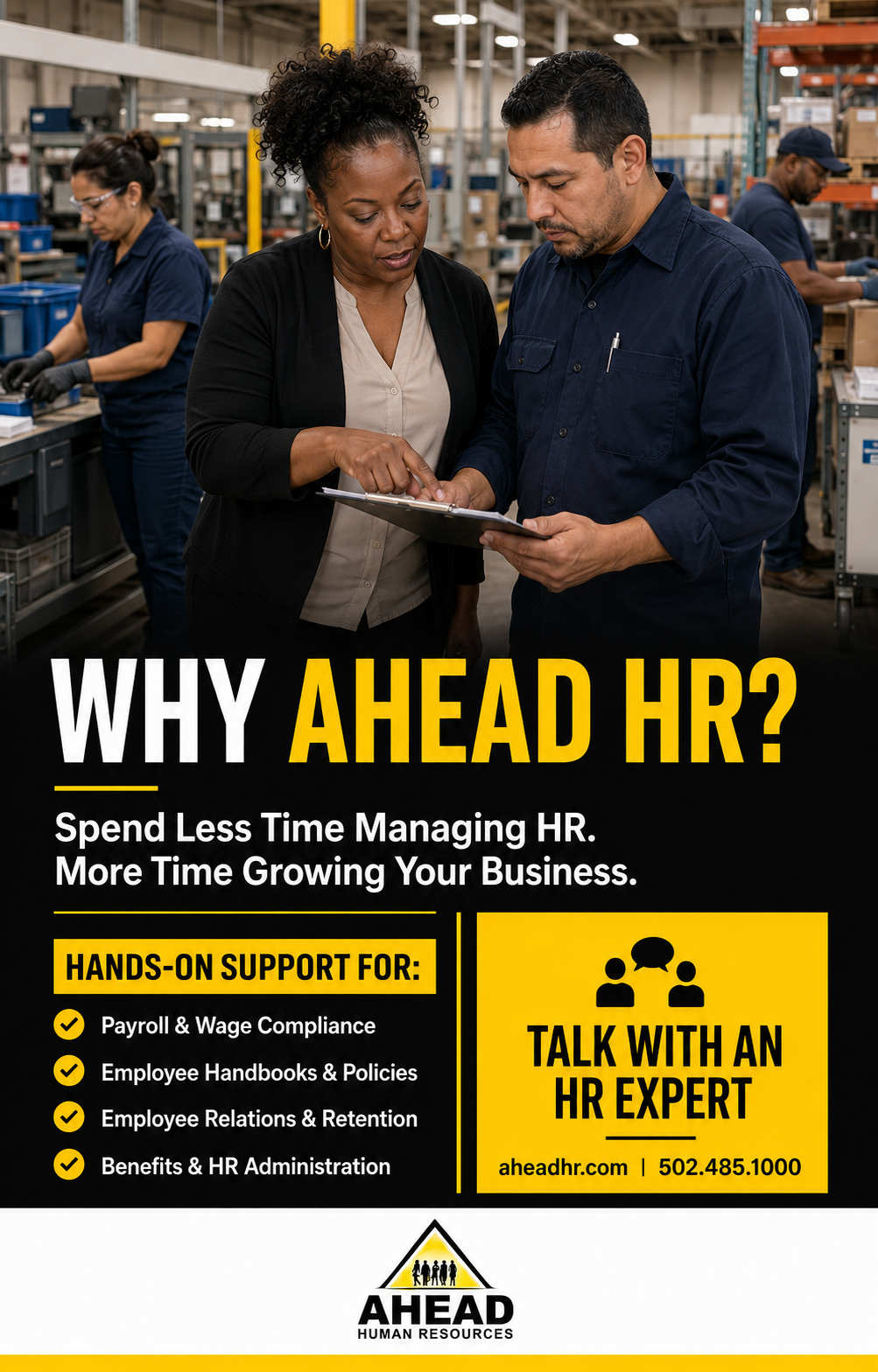 Promotional flyer for Ahead HR services with smiling office staff, yellow and black design, and service bullet points