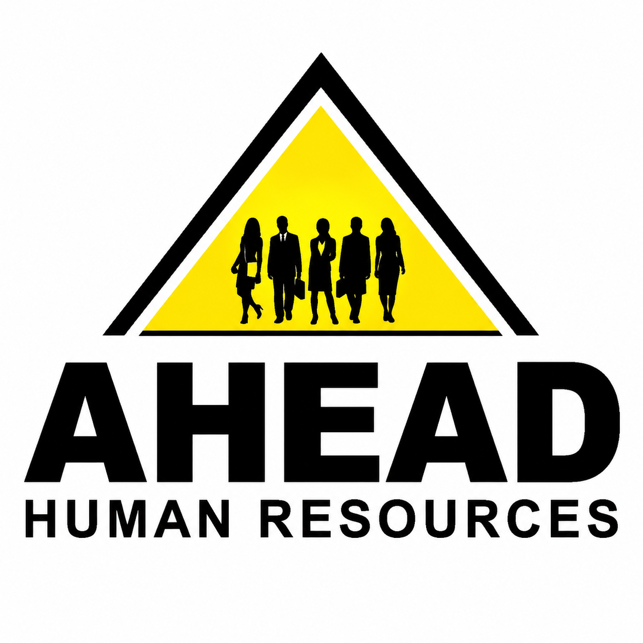AHEAD Human Resources logo with black text and yellow roof icon