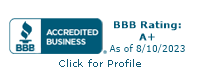 BBB Accredited Business badge with BBB Rating A+ and