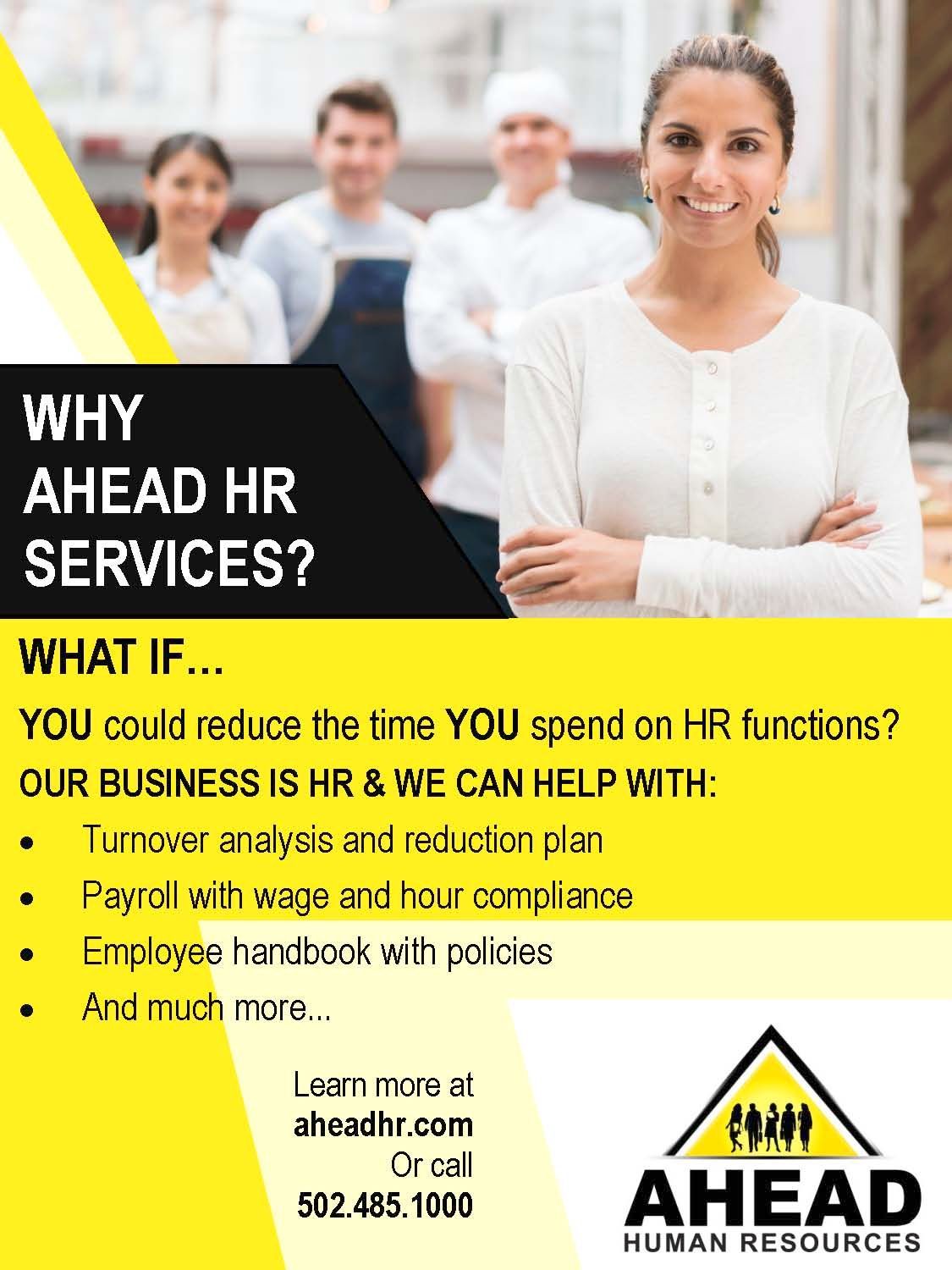 Promotional flyer for Ahead HR services with smiling office staff, yellow and black design, and service bullet points
