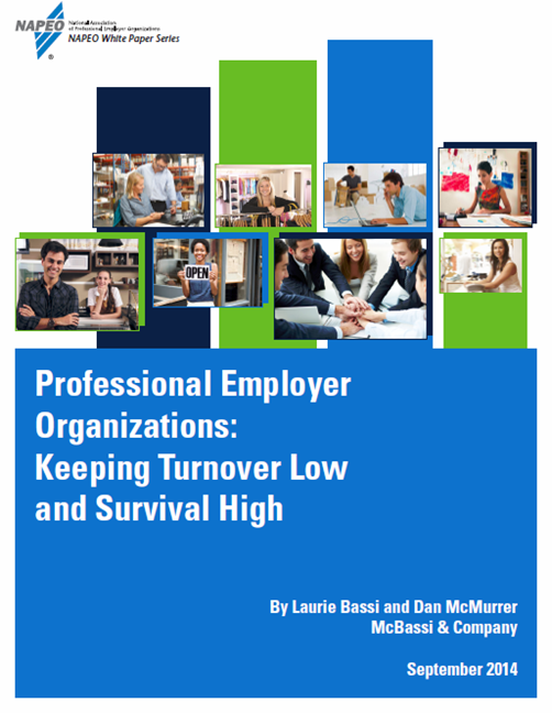 Cover: “Professional Employer Organizations: Keeping Turnover Low and Survival High” with collage and blue-green blocks