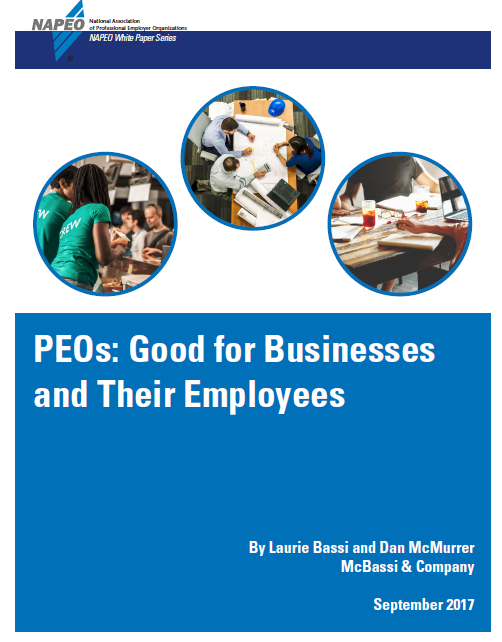 Cover: “PEOs: Good for Businesses and Their Employees” with three workplace photos on white and blue.