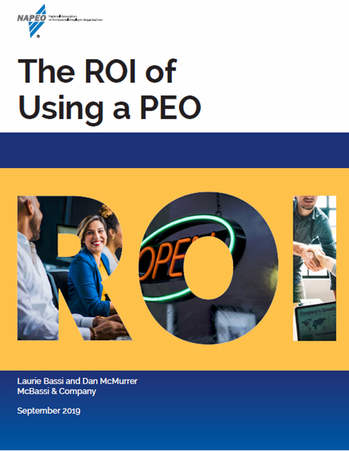 Cover titled “The ROI of Using a PEO” with yellow and blue design and a large “PEO” graphic.