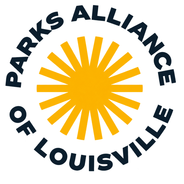 Orange sunburst logo with faint circular text reading “Parks Alliance of Louisville”