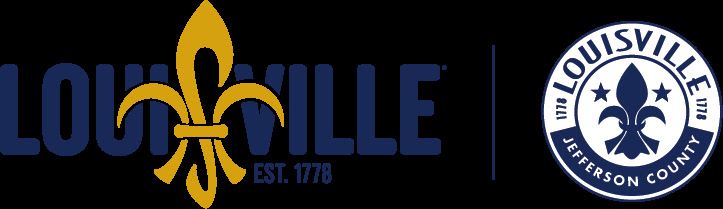 Louisville wordmark with fleur-de-lis and Louisville Jefferson County seal on black background