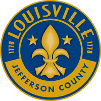 Louisville Jefferson County seal with blue and gold fleur-de-lis emblem and circular text.