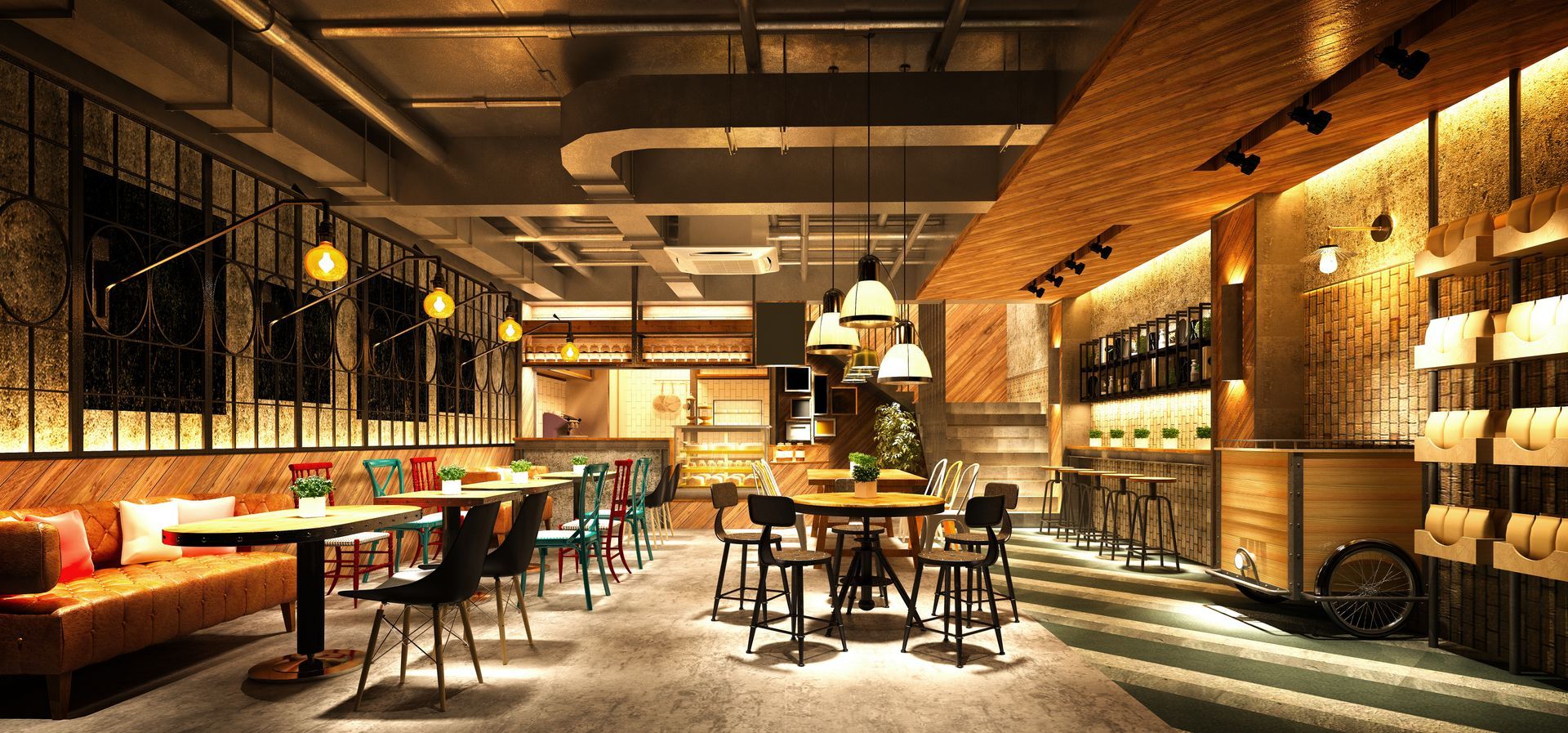 Intérieur de café avec tables, chaises et éclairage chaleureux.