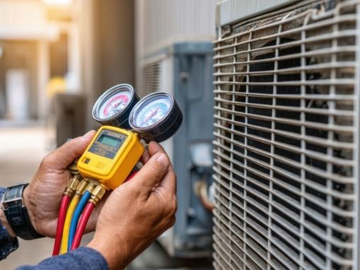 Technician using a yellow manifold gauge to inspect an outdoor HVAC unit