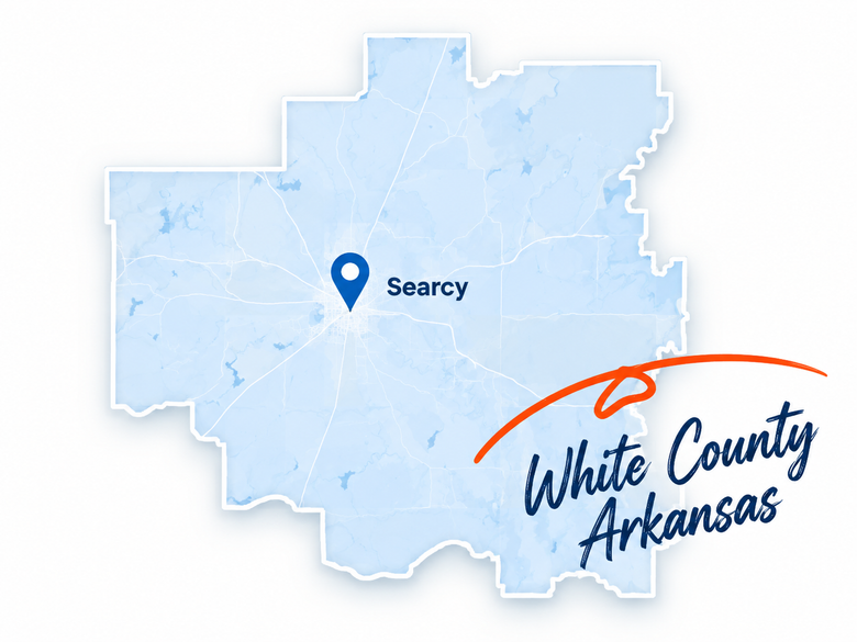 Light blue map of White County, Arkansas with a pin marking Searcy and county name text