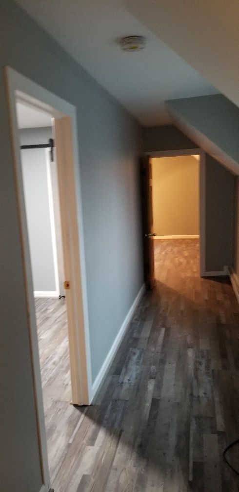 Hallway with gray-blue walls and wood-look flooring, with open doorways to other rooms.