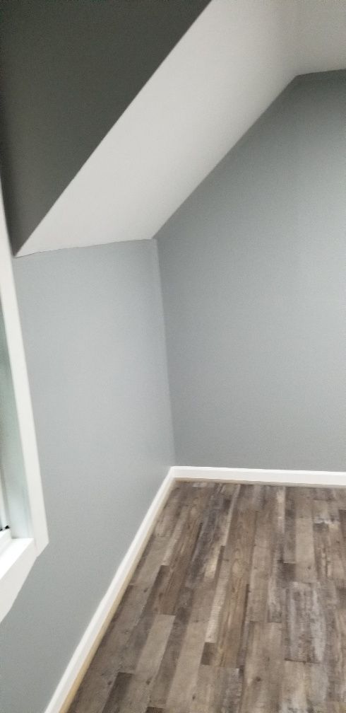 A corner of a room with gray walls, white trim and ceiling, and wood-look flooring.