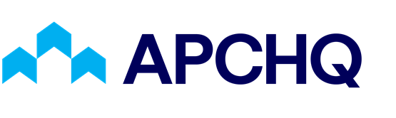 Logo APCHQ bleu avec des formes géométriques de maisons
