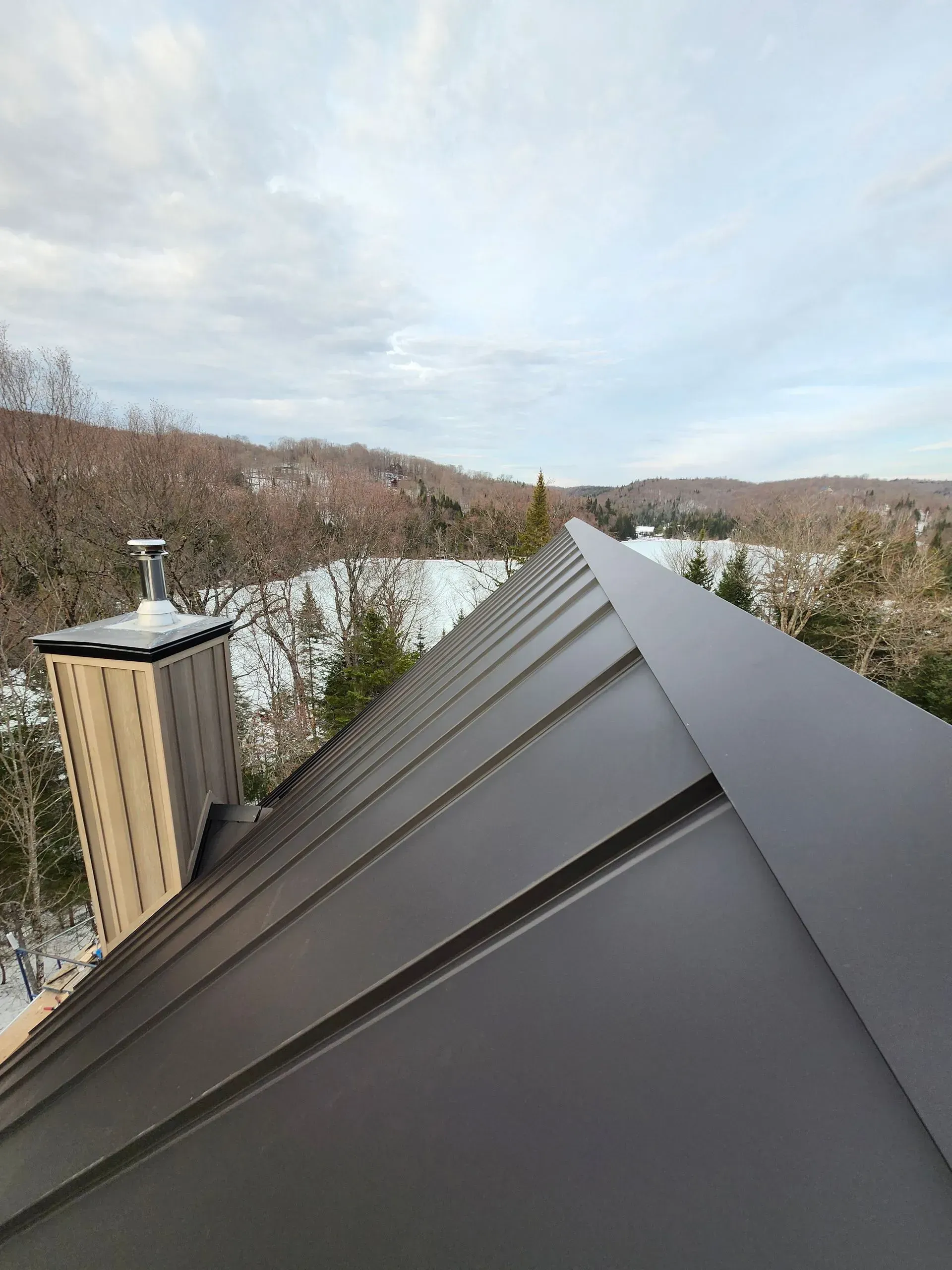 Toiture en métal sombre surplombant des collines enneigées et une haute tour sous un ciel nuageux