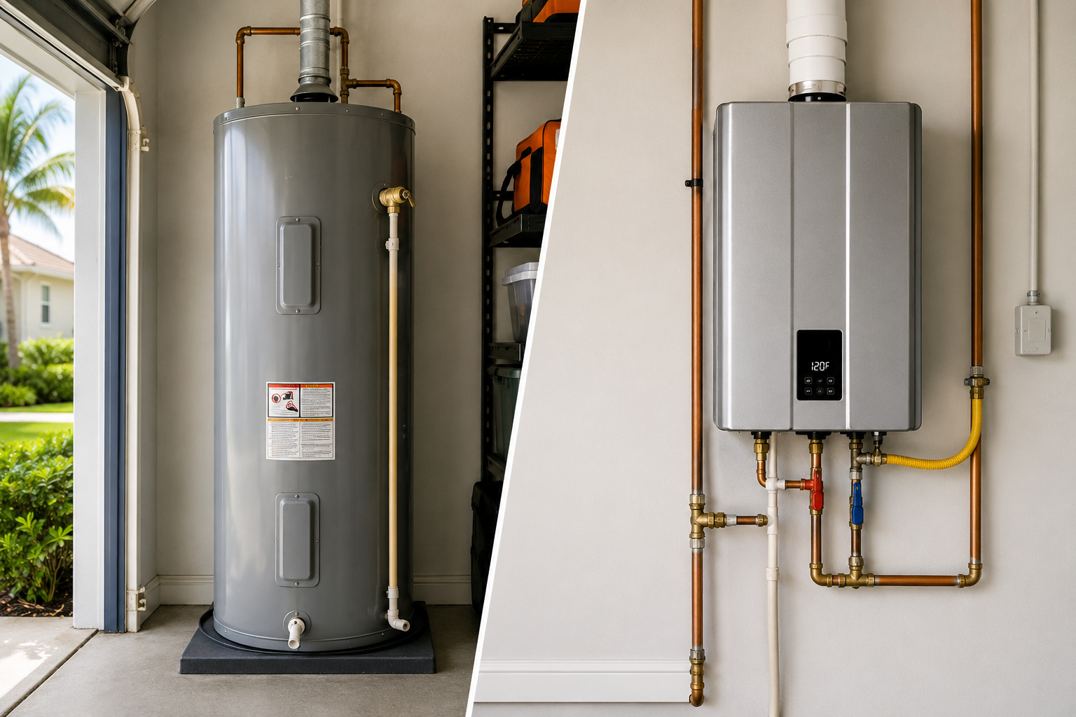 Water heater and tankless heater units in a garage, with pipes and venting on the wall.