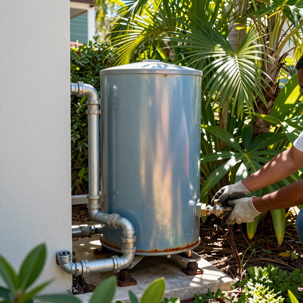 Outdoor water heater tank with piping beside a house, with a person’s arm adjusting a valve.