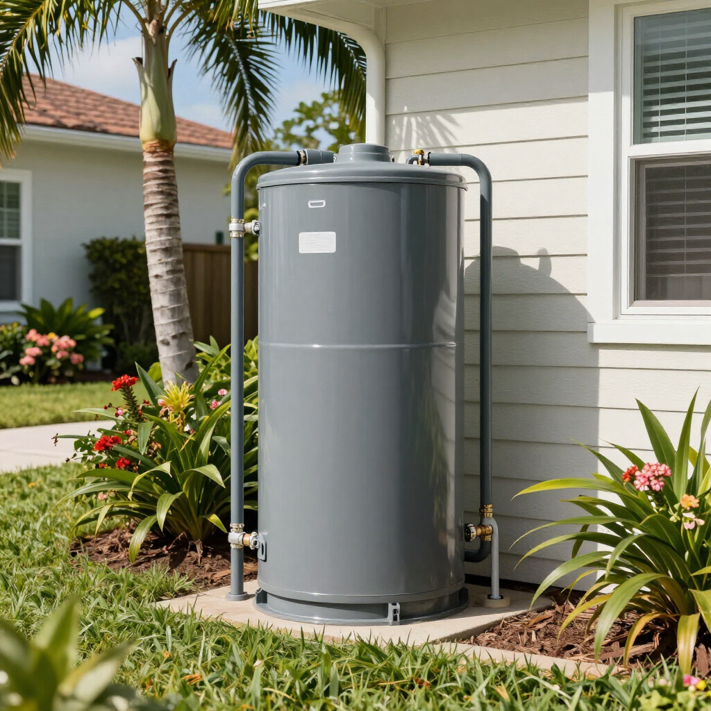 Gray water heater tank beside a house wall in a landscaped yard