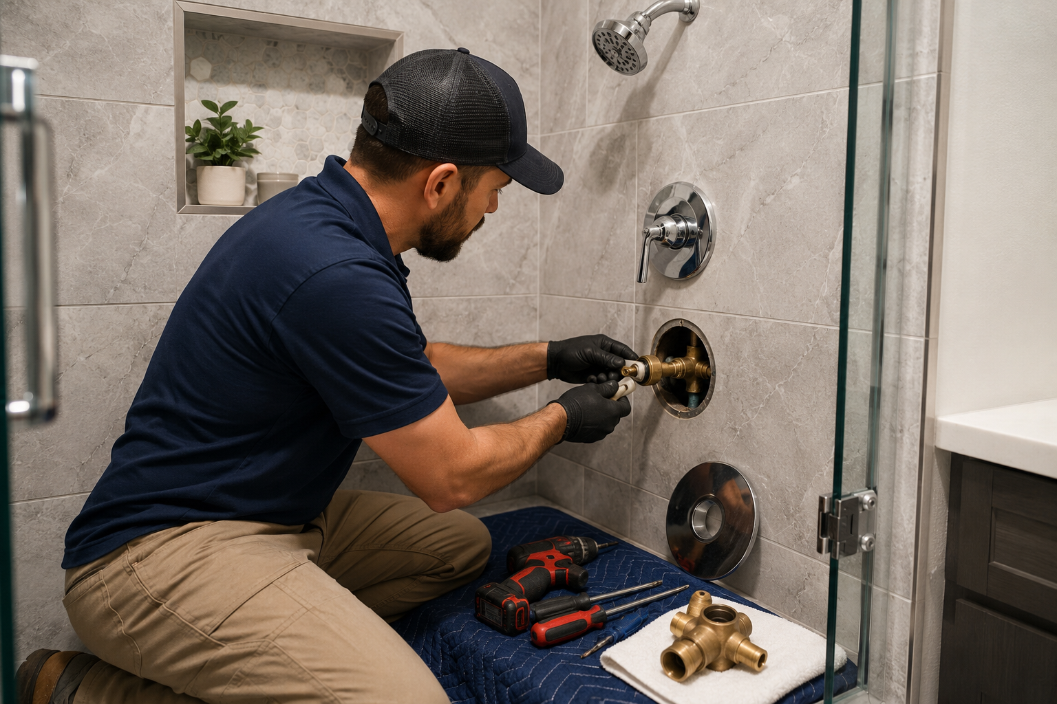 Plumber in navy shirt repairing shower plumbing in a tiled bathroom, tools on the floor.